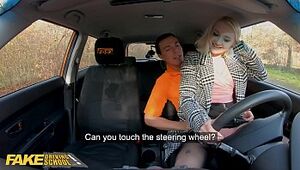 Faux Driving College Towheaded Marilyn Sugar in Dark-hued Stocking Fuckfest in Car