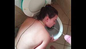 Mega-slut on leash gets pee | spanked | slobber in her face and pounded with her head in the toilet.