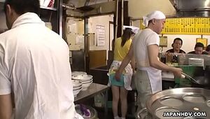 Magnificent Chinese waitress Asuka gets group-fucked and creampied in public