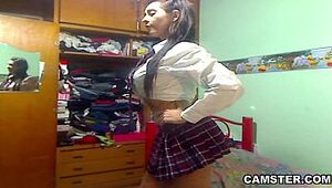 Phat jugs & donk Mexican college girl striptease out of her uniform
